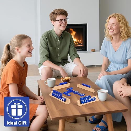 Miniatura 6 de Juego de dominó jumbo para adultos con 4 bastidores de madera/bandejas, juego de viaje de 6 dominó dobles con funda portátil, juego de dominó doble