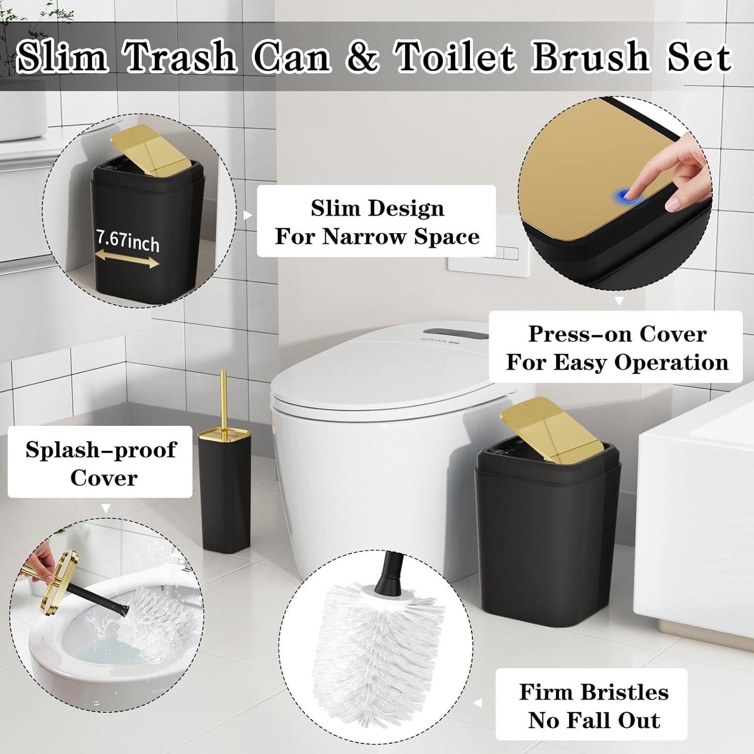 Bathroom Accessories Set - 27PC Bathroom Sets with Shower Curtain and Rugs, Black Bathroom Set, Black Bathroom Accessory Set with Trash Can, Toilet Brush & 3 PC Soap Dispensers