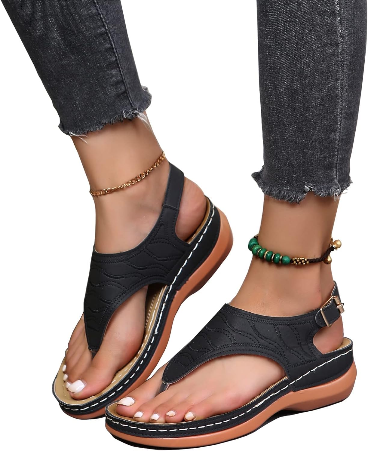 EEUK Women's Dressy Strappy Flat Sandals Flip Flops Orthopedic Open Toe Hollow