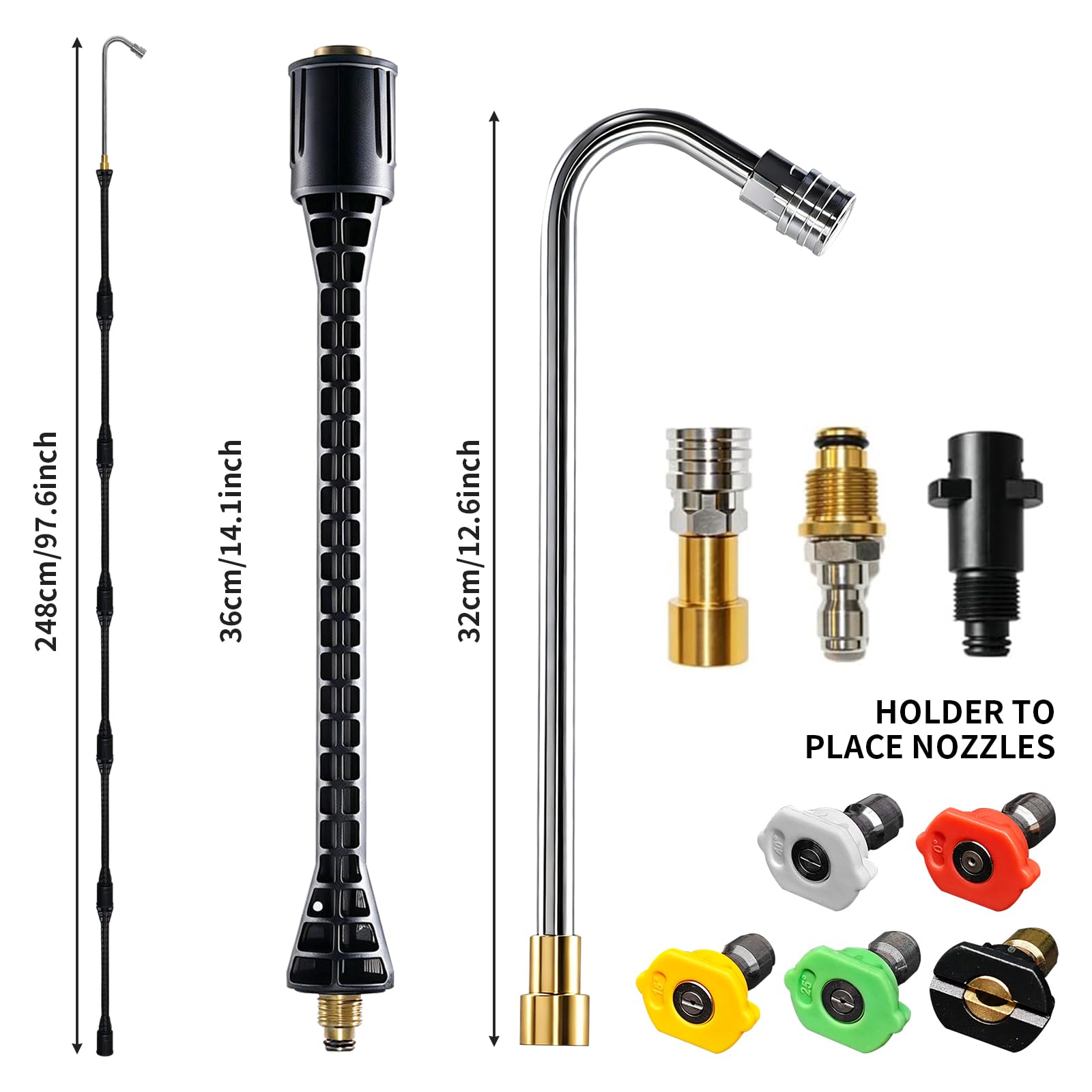 DERASL 4000PSI Varilla Extensión Alta Presión, 6 Packs Herramienta Limpieza Canalones Varilla Extensión con 5 Boquillas, Conexión Rápida 1/4", Adaptadores Plástico