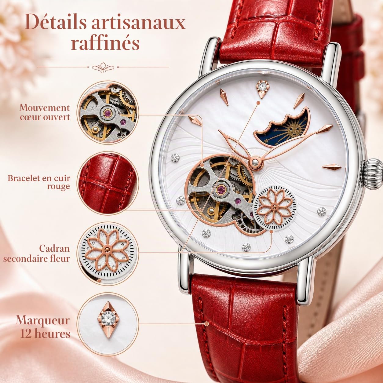 Montre mécanique automatique pour femme en acier inoxydable avec cadran à phases de lune et bracelet en cuir étanche