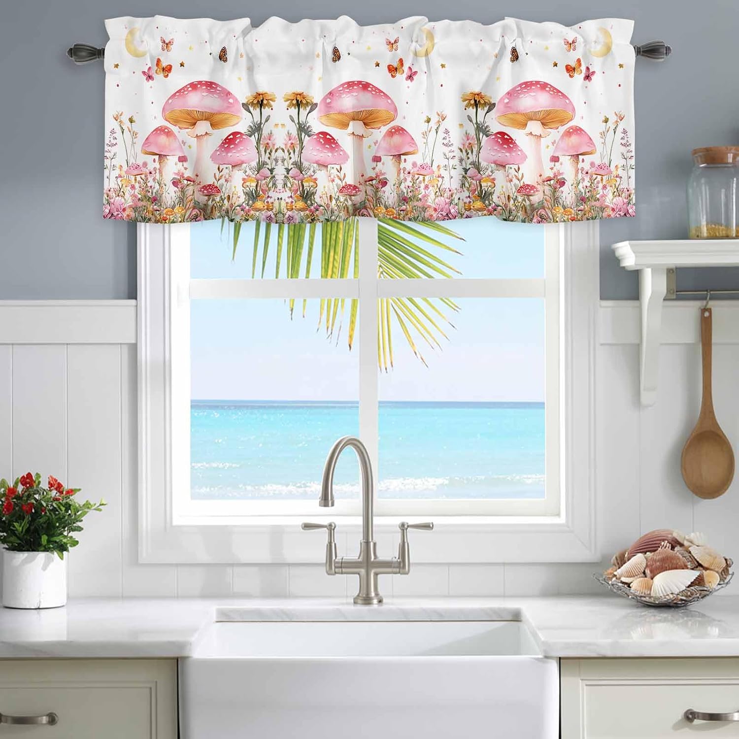 Pink Mushroom Valances for Windows Farmhouse Kitchen Curtains Valances Rod Pocket Valance Curtains for Windows Spring Botanical Summer Floral Elegant Window Valance for Bedroom Bathroom 54"x18"