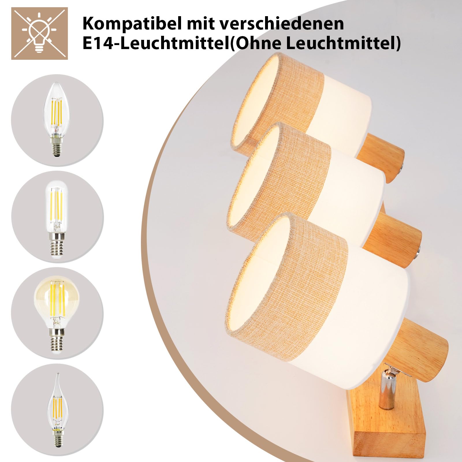 Glitzerlife Deckenstrahler 3 Flammig Deckenleuchte Holz Vintage E14 Retro Schwenkbar 350° Ohne Leuchtmittel