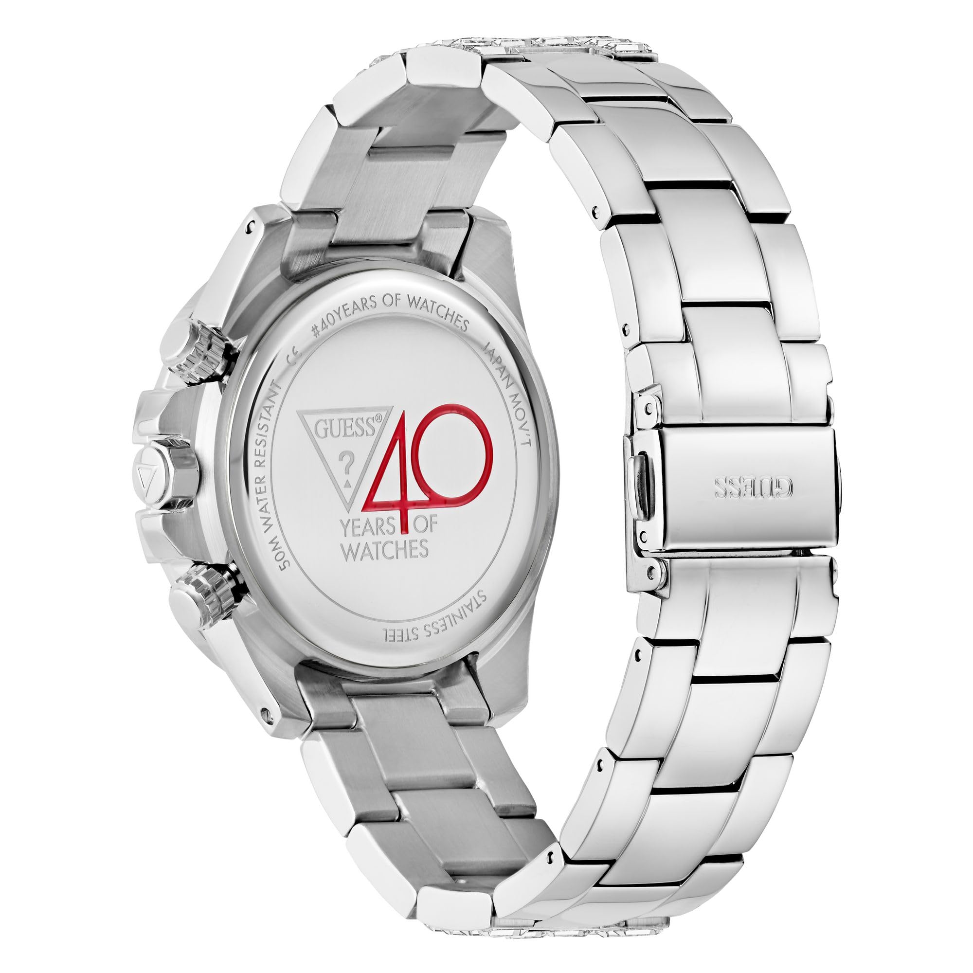 Guess Iconic 40TH Damen Armbanduhr mi Zirkonia in der Farbe Silber mit Armband aus Edelstahl, Wasserdichtigkeit: 5 bar, Gehäusedurchmesser: 40 mm, GW0812L1