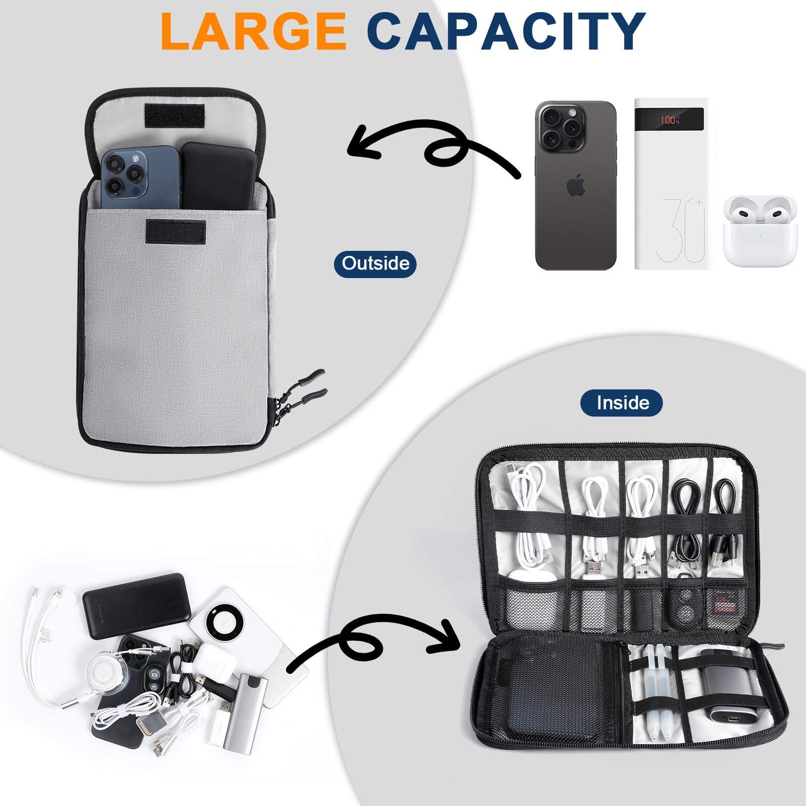 Cozary Torba do przechowywania kabli, torba na kable podróżne, przenośny organizer na akcesoria elektroniczne do dysków twardych, kabli, ładowarki, kabli USB, karty SD, szara