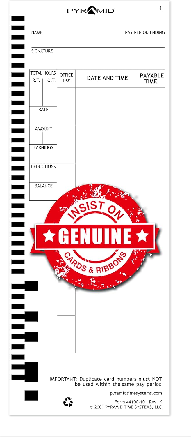 Pyramid Time Systems, 44100-10MB, 1,000 Count Genuine and Authentic Time Cards for 4000, 4000Pro, 4000ProK and 5000 Series Time Clocks from Pyramid, Time Cards