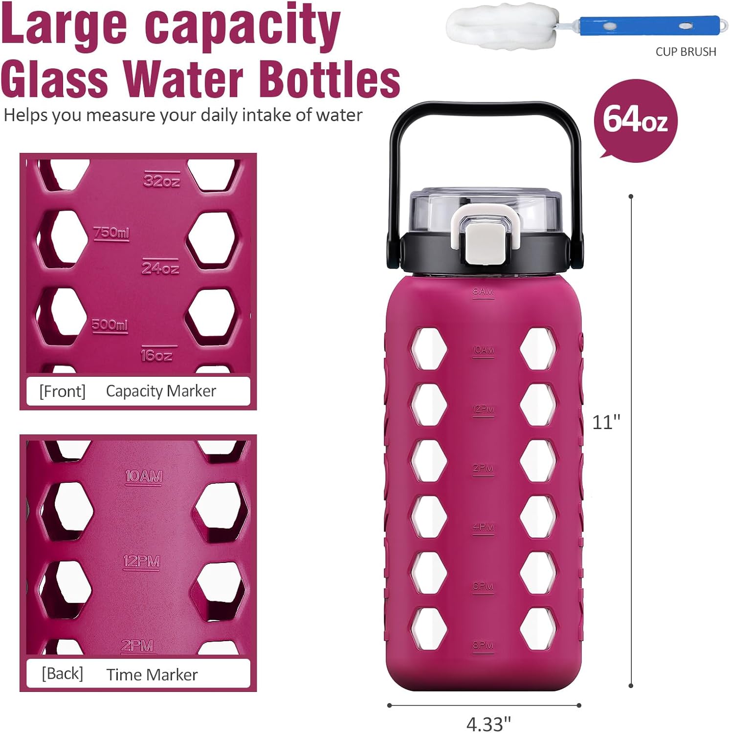 MUKOKO Half Gallon/64 oz Glass Water Bottles with Straw and Lid,Motivational Water Jug with Time Marker Reminder and Silicone Sleeve,100% Leakproof BPA Free Fitness Sports Large Bottle-Rose - Image 2