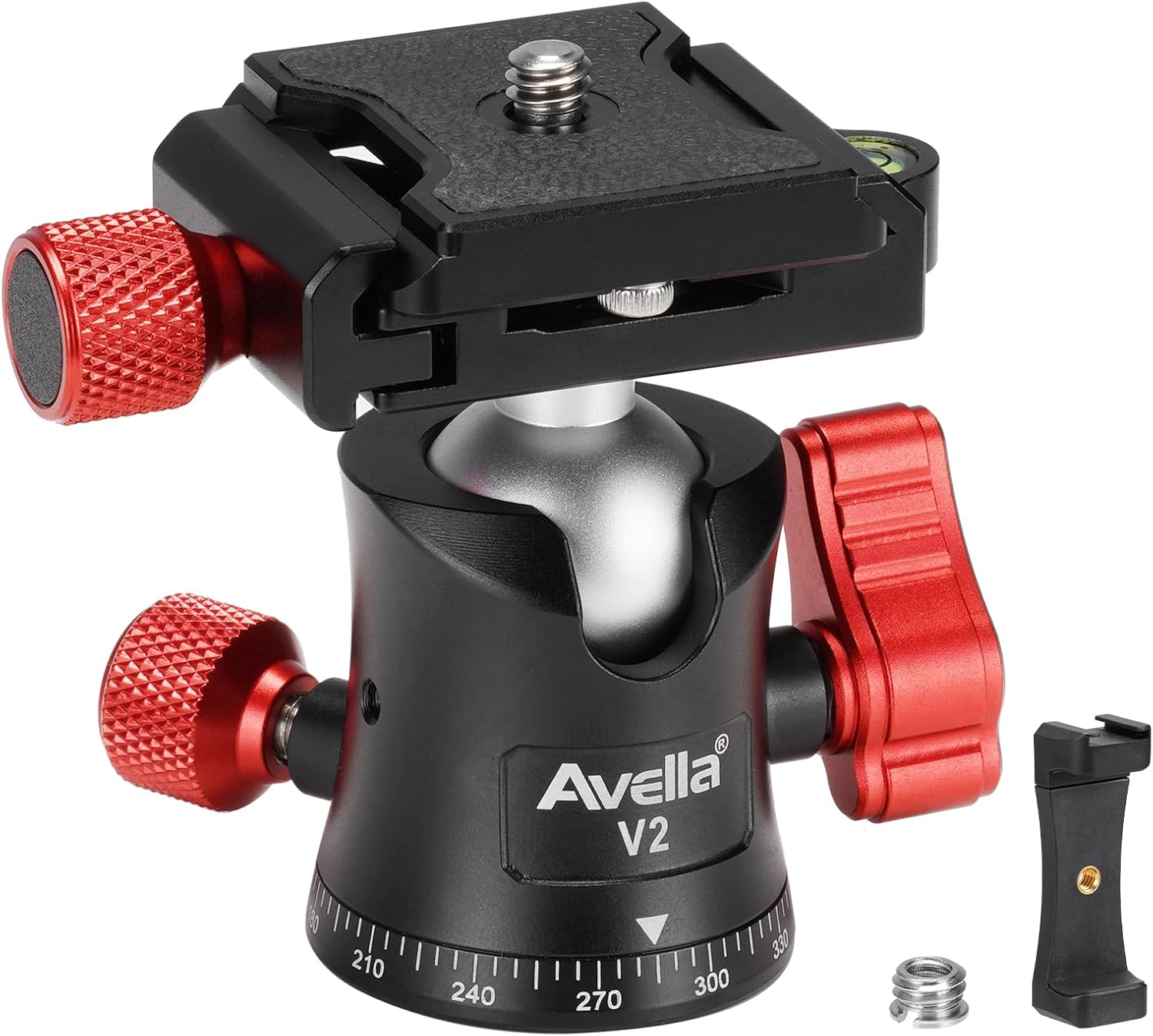Avella V2 Professional Metal 360 Degree Rotating Ball Head with 1/4 inch Quick Release Plate and Bubble Level,up to 11pounds/5kilograms,for Tripod,Monopod,Slider,DSLR Camera,Camcorder