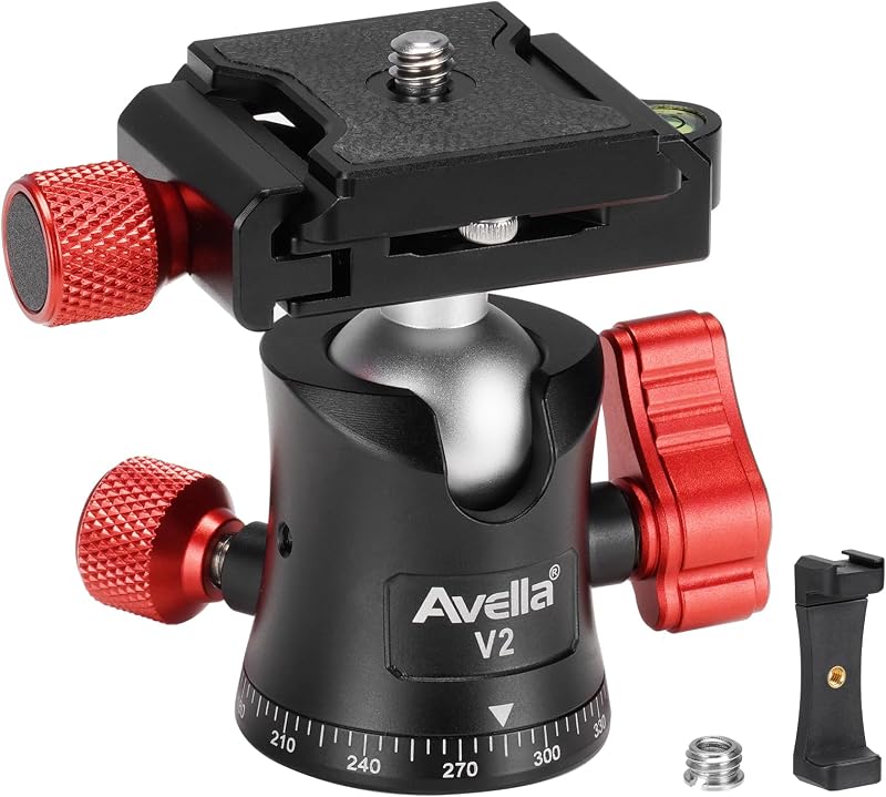 Rótula de bola de metal profesional V2 con placa de liberación rápida de 1/4 de pulgada | Rotación de 360 ​​grados, nivel de burbuja, hasta 11 libras/5 kilogramos, para trípode, monopié, control deslizante, cámara DSLR, videocámara