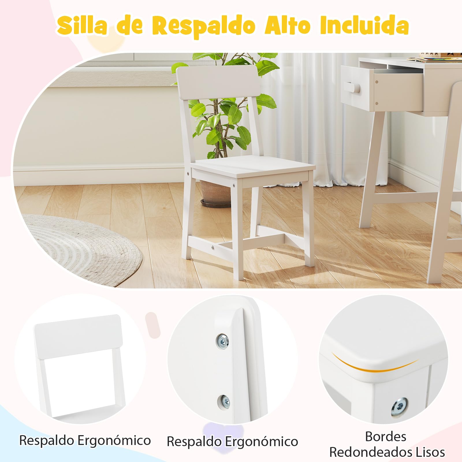 COSTWAY Juego de Mesa y Silla Infantil, Juego de Mesa de Estudio de Madera Maciza para Niños con Cajón y Estante, Escritorio Infantil para Estudiantes para Niños de 3+ Años (Blanco)