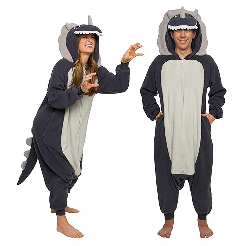 Funziez! Adult Onesie Halloween Costume Animal Dinosaur Shark Unisex Plush One Piece Cosplay Suit for Adults, Men and Women - Triceratops Grey - X-Large