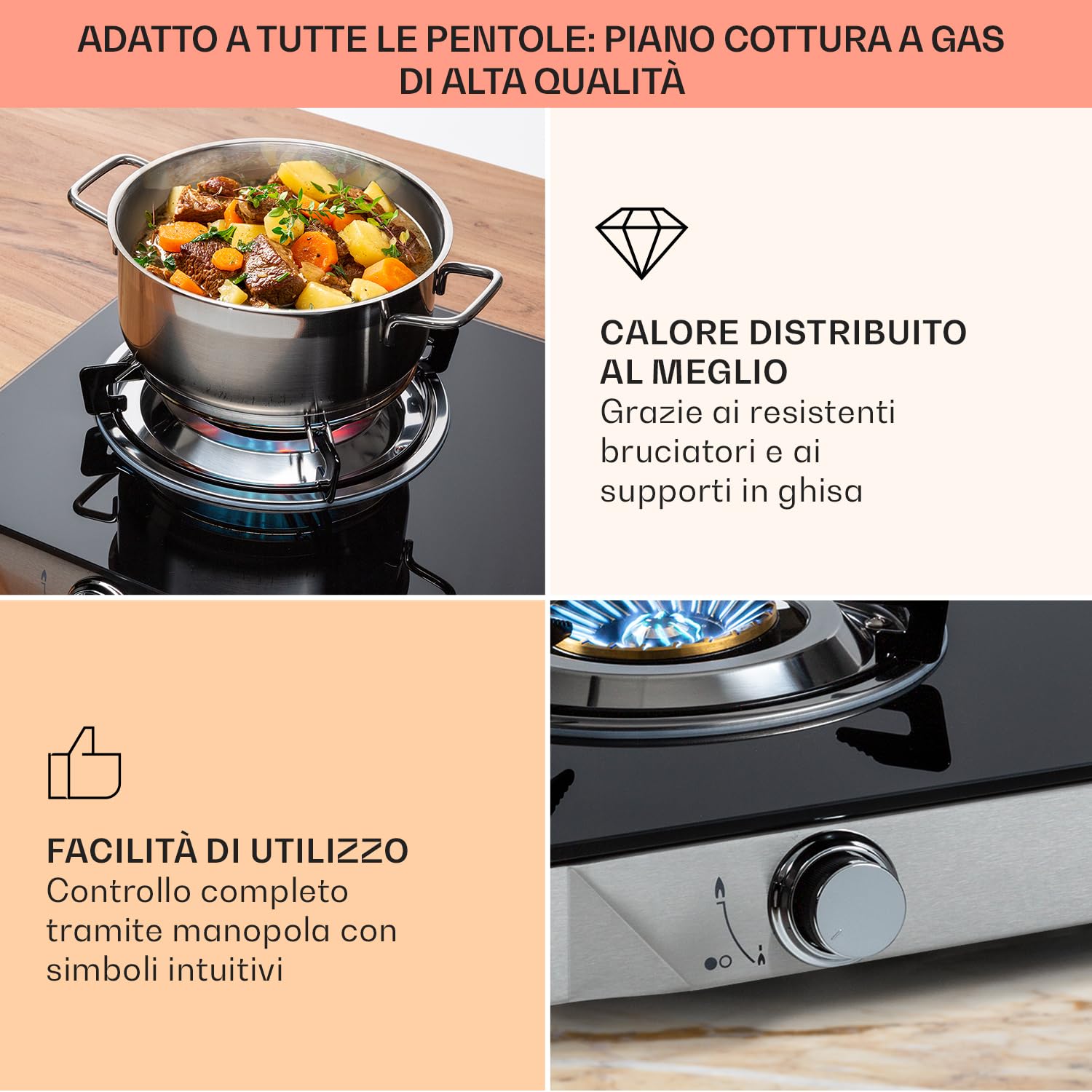 Klarstein Piastra a gas con 2 fuochi cottura e tavolo da 2 bruciatori piano 7,7 kW in acciaio inox