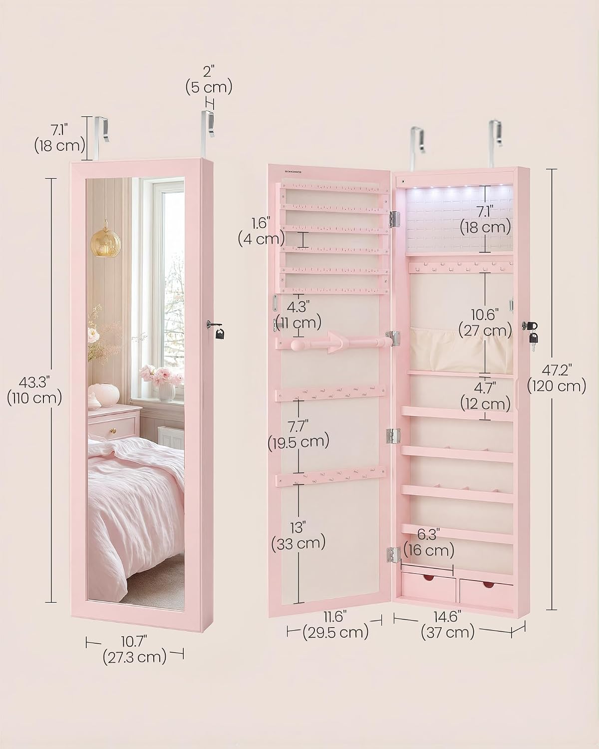  6 LEDs Mirror Jewelry Cabinet, 47.2-Inch Tall, Lockable thumbnail