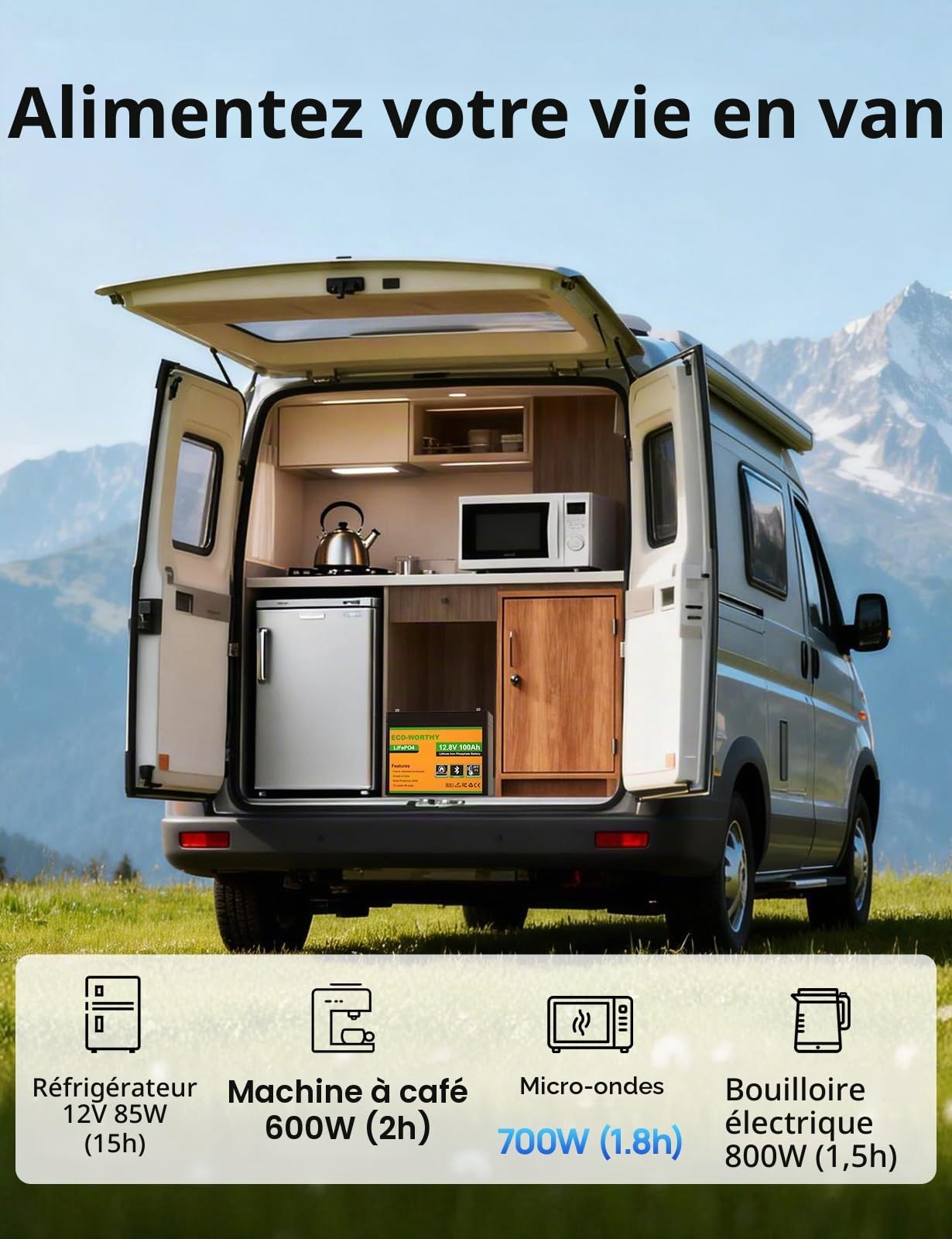 ECO-WORTHY 1280Wh Kit Panneau Solaire Camping-Car: batterie lithium 12v 100Ah avec Bluetooth + panneau solaire souple 200W + régulateur MPPT 20A + onduleur 2000W, pour les Camping, campervan, vanlife