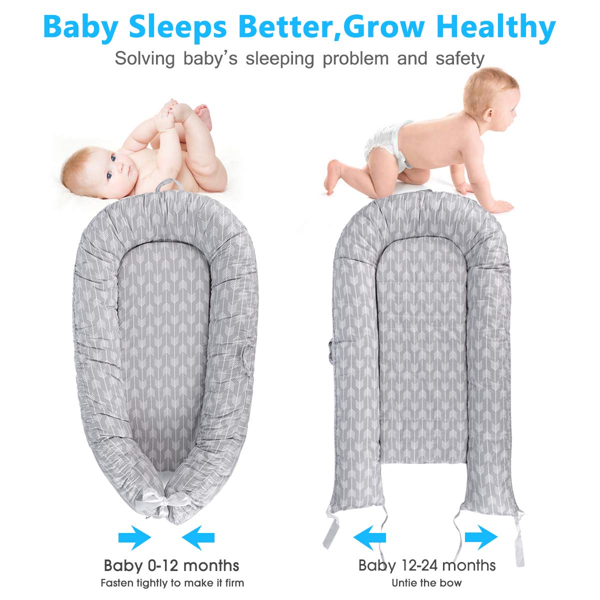 Tumbona nido para bebé, súper suave y transpirable, cama biónica desmontable con 2 colchones reemplazables (flecha)