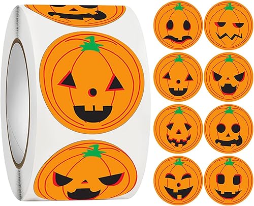 Calcomanías de calabaza para niños y adolescentes, 500 unidades de 1 pulgada, 8 patrones, calcomanías de calabaza de Halloween, rollo para sellos,