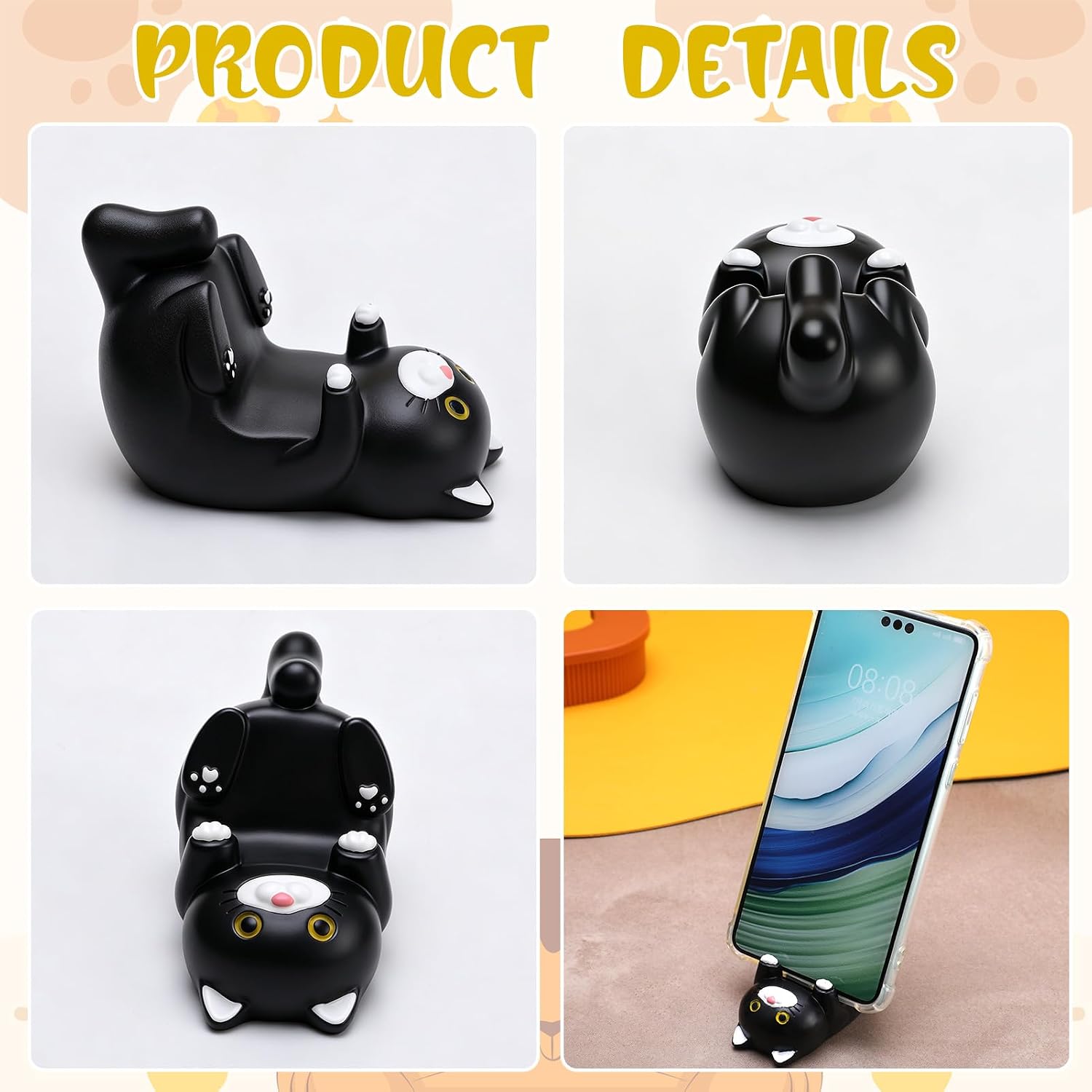 Cat Phone Stand and Eyeglass Holder, Cute Desk Accessories Resin Decorative Organizer, Sturdy Mobile Phone Holder Gift for Cat Lovers, Home & Office Decor 1.7 x 3.2 x 2.0 in (Black)