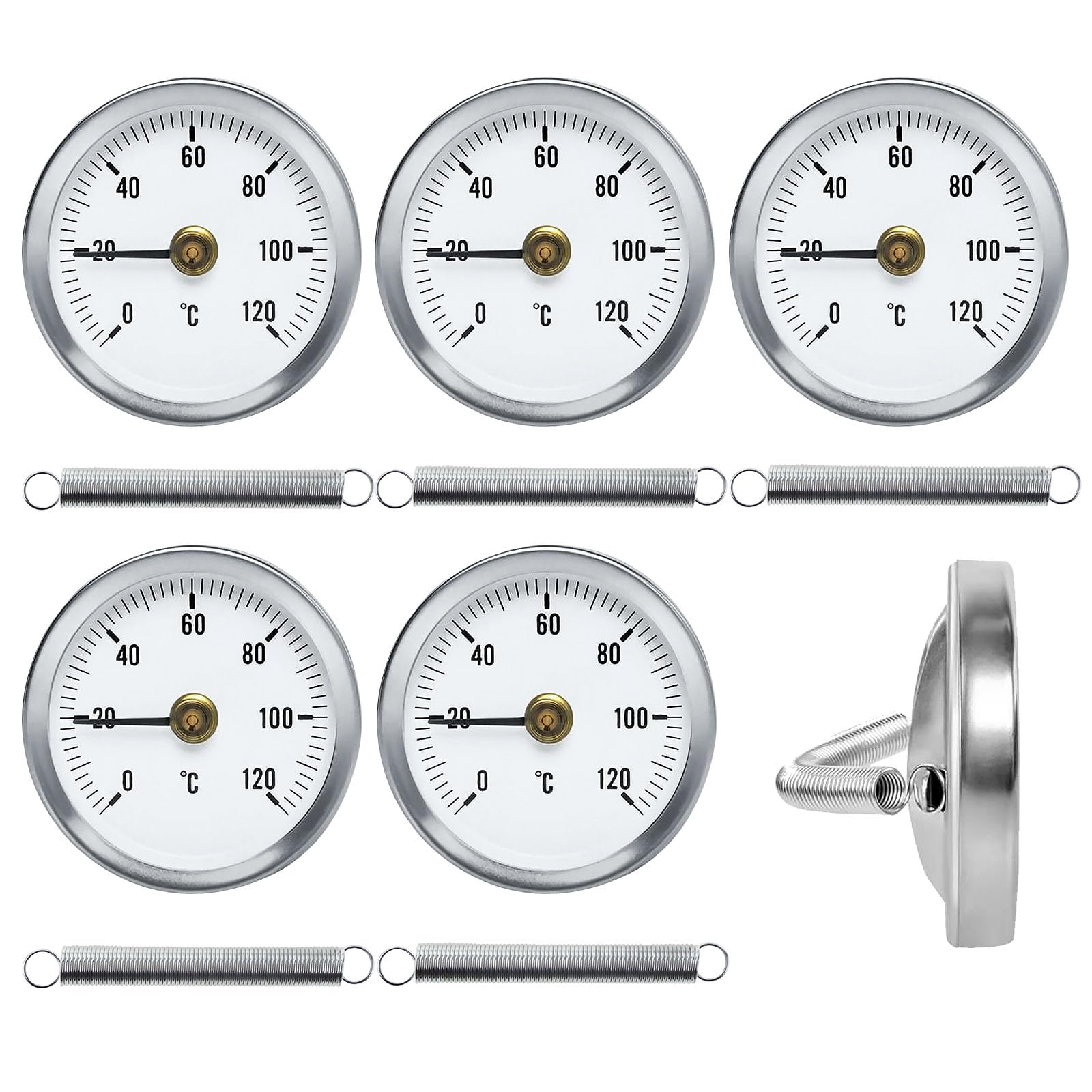 5 unidades de tubo de calefacción, termómetro de tubo, indicador de temperatura, bimetal, termómetro bimetálico, indicador de temperatura con muelle de clip de 63 mm, para sistemas de calefacción