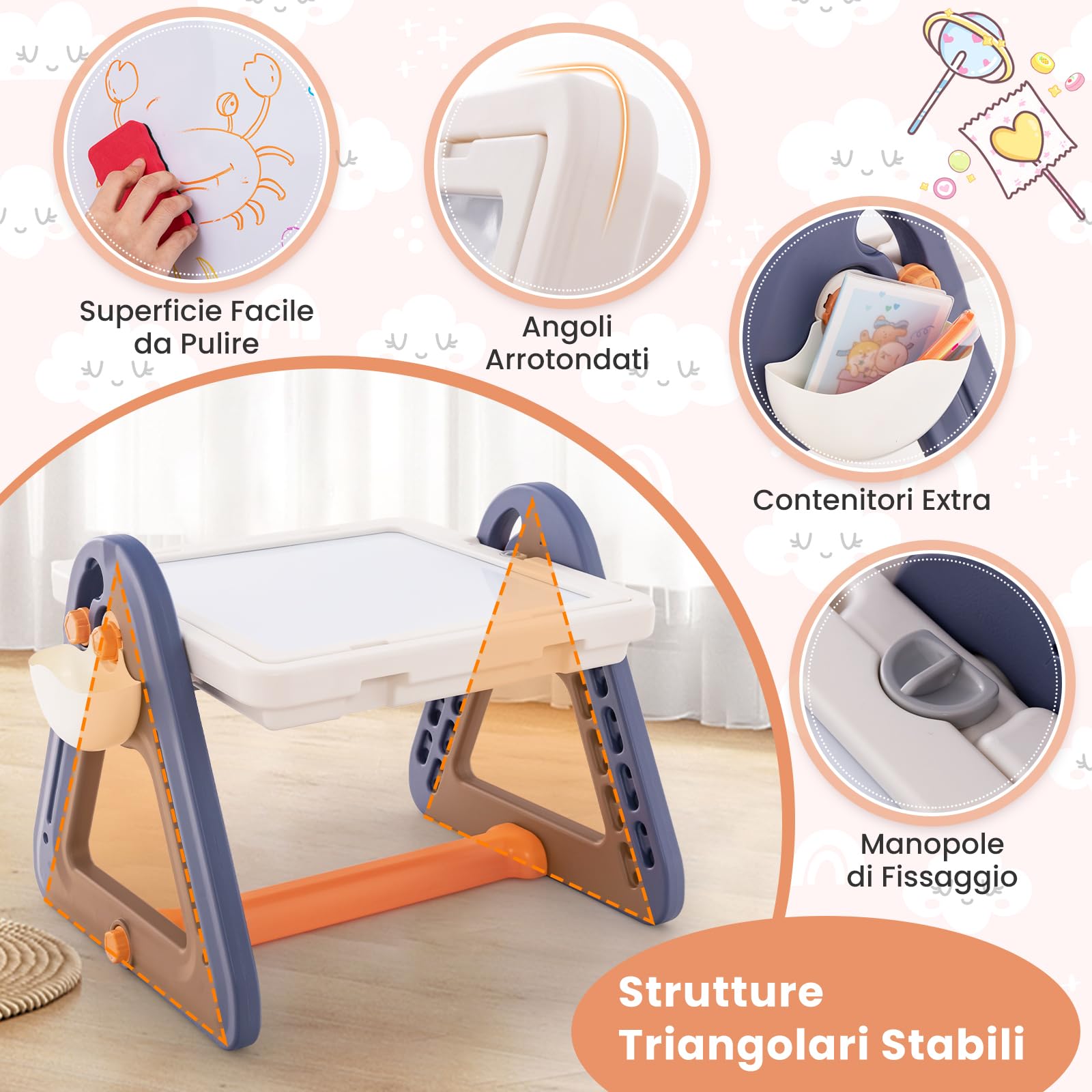 COSTWAY 2 in 1 Set Tavolo e Cavalletto per Bambini, Tavolo Multiattività con Sedia e Piano Reversibile, Set Tavolo Attività con 160 Blocchi da Costruzione 6 Pennarelli 1 Cancellino, 84x58x55 cm