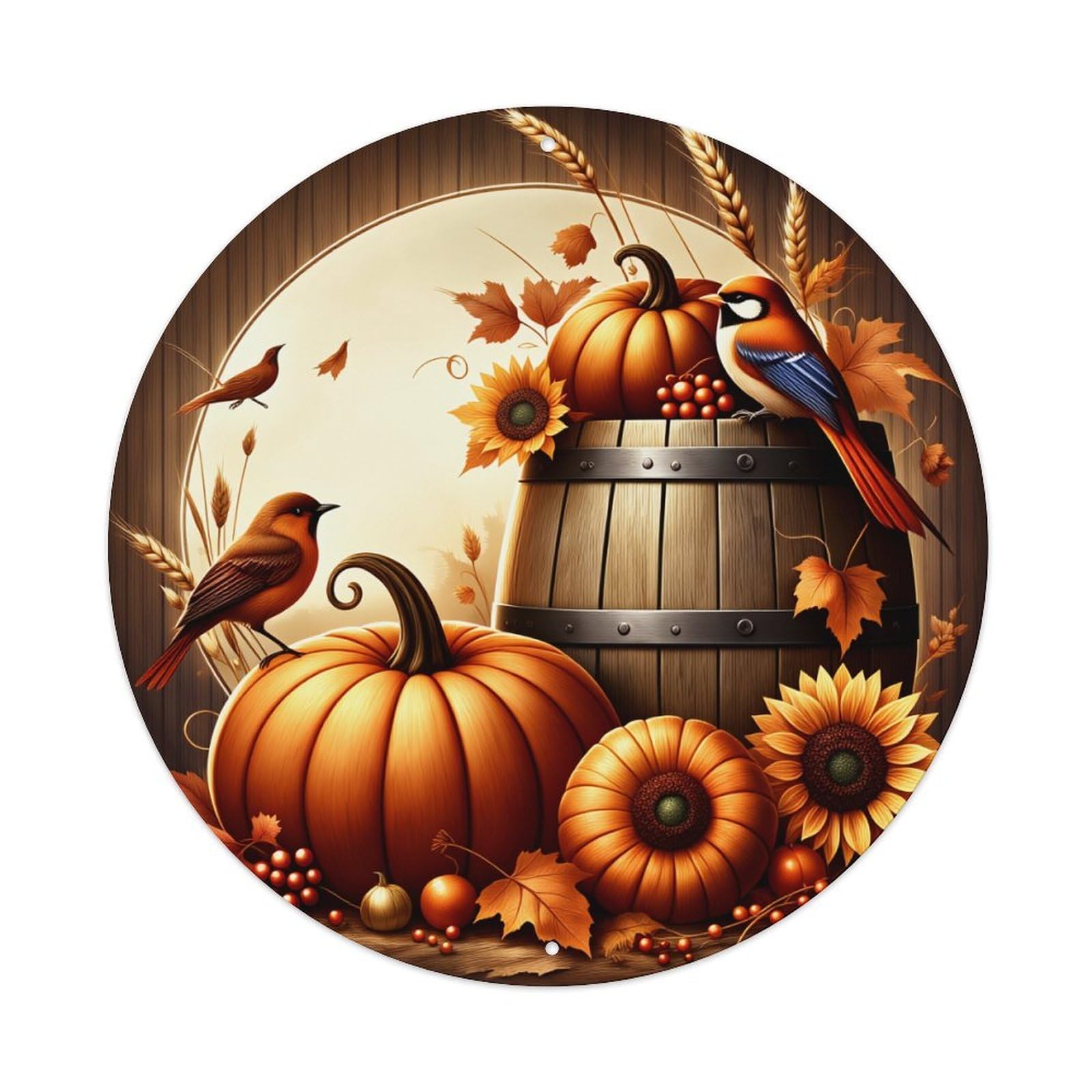 Autumn Harvest Pumpkin Birds Sunflower Round Tin Sign Vintage Metal Poster, Home Bar Garage Man Cave Cafe Indoor & Outdoor Wall Decoration 8x8Inches