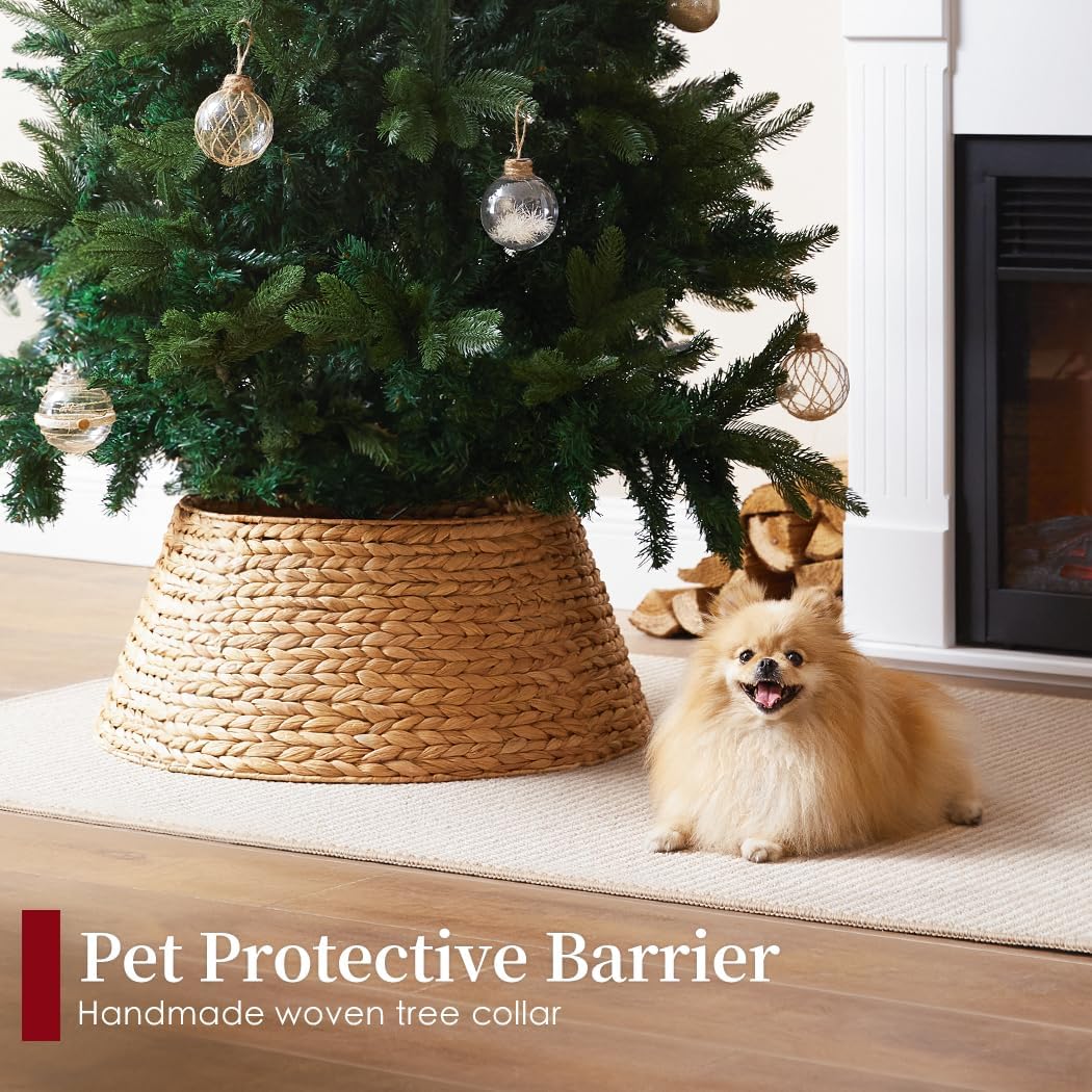 24in Hyacinth Christmas Tree Collar - Woven Rattan Basket for Christmas Tree Base Cover, Holiday Decoration for 4ft 6ft 7.5ft Artificial Trees with Cord Cut-Out(Natural) 24in-hyacinth-natural