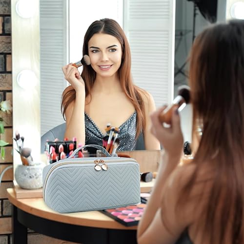 Miniatura 2 de Bolsa de maquillaje para cosméticos, bolsa de maquillaje de viaje de gran capacidad para mujeres con bolsa portátil abierta plana resistente al agua