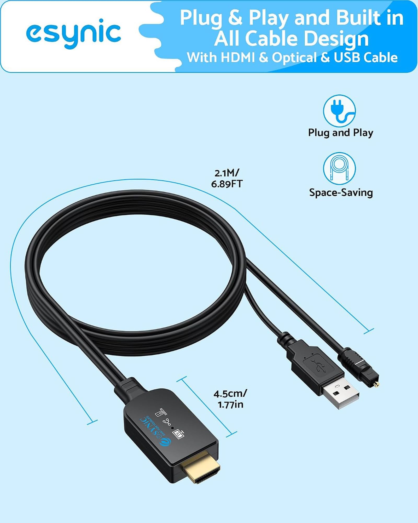 eSynic HDMI eARC/ARC a Óptico Cable 2,1 m Cable Extractor de Audio Todo en Uno, Compatible con 192 kHz/24 Bit, DTS 5.1 y Dolby Digital, Plug & Play para TV a Barra de Sonido, Cine en Casa y Auriculare