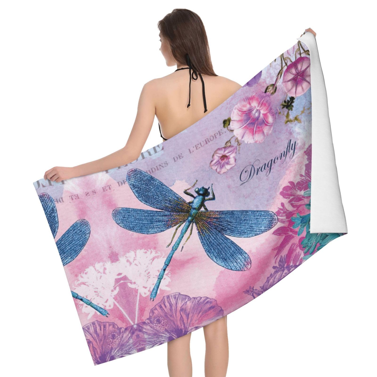 Serviette de bain microfibre fleur rose et libellule 81x132 cm