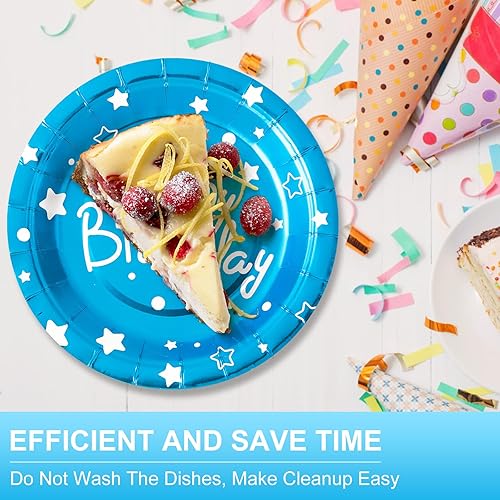 Miniatura 4 de Platos de papel de fiesta de feliz cumpleaños, platos de postre azules, 7 pulgadas, 50 unidades, decoración de fiesta de cumpleaños de lunares