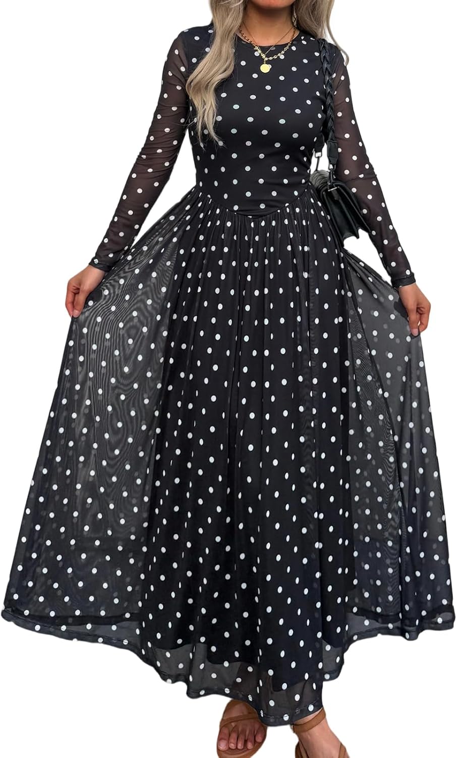 Women's Maxi Dress 2026 Spring Long Sleeve Crewneck Mesh Floral Dress Drop Waist Party Wedding Guest Dresses