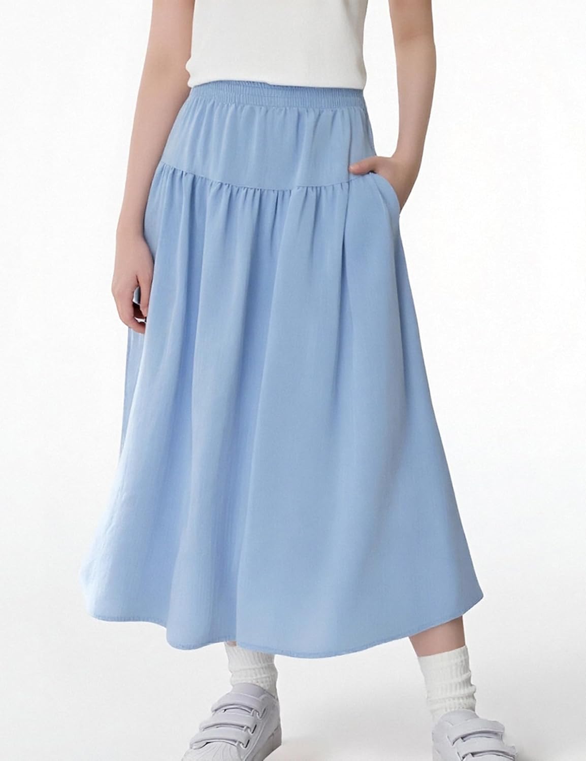 Girls Casual Elastic High Waist Maxi Skirt A-Line Long Swing Linen Skirt with Pockets for 4-13 Years - Image 6