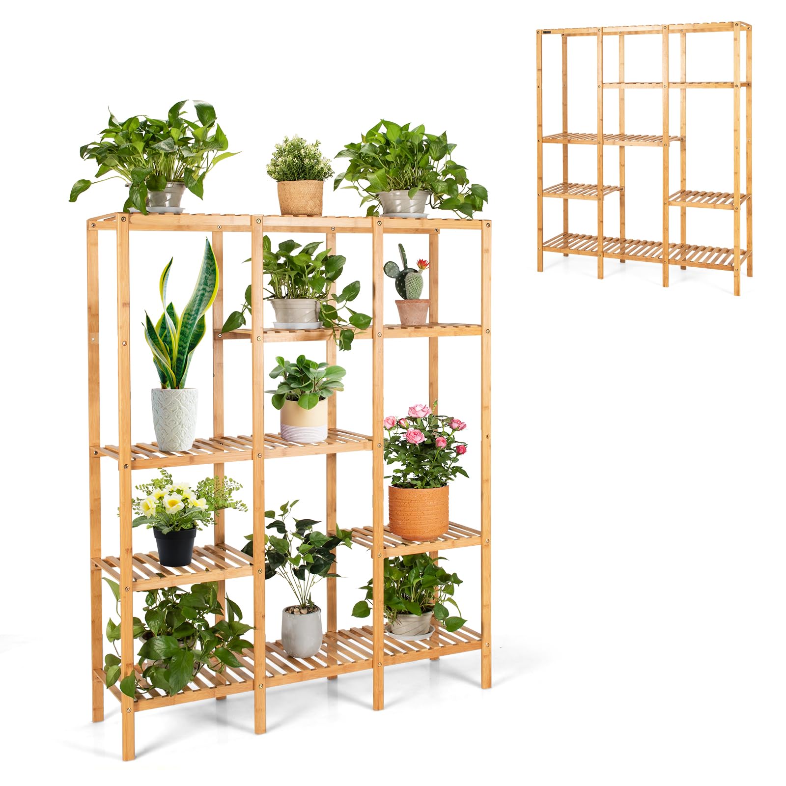 HOMASIS Blumenregal mit 5 Ebenen, Pflanzenregal aus Bambus, Pflanzenständer mit 12 Ablageflächen, Blumenständer Blumentreppe für Wohnzimmer, Balkon, Garten, Terrasse, 114 x 31,5 x 141 cm , Natur