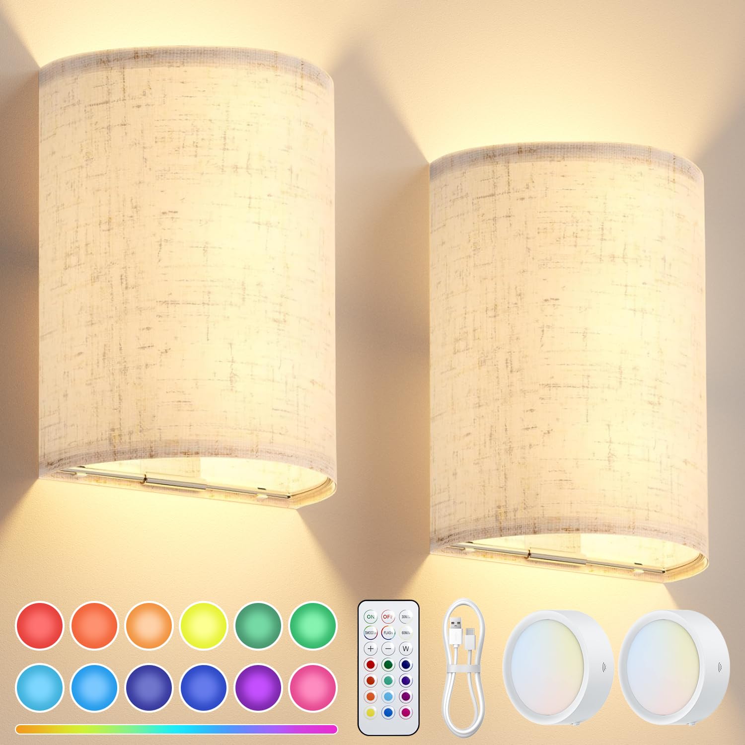 Lámpara de pared interior 2 unidades, USB de pared con mando a distancia, regulable, lámpara de pared RGB, 18 colores, recargable, luz nocturna para dormitorio, escaleras, salón