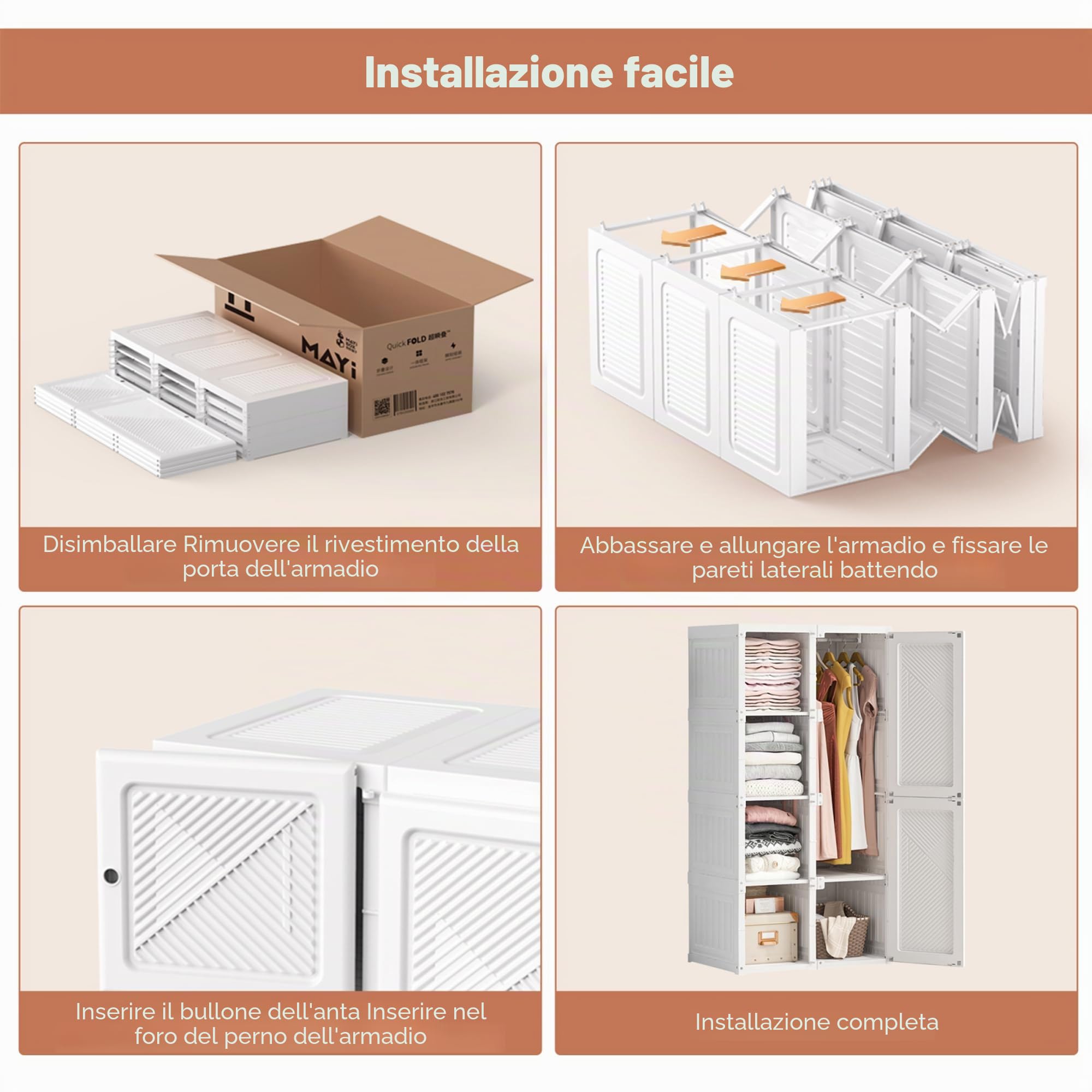Armadio moderno con 5 ante 1 asta appendiabiti a 4 scomparti, pieghevole multiuso facile da montare, per camera da letto, soggiorno, corridoio, cameretta dei bambini (bianco, 136 x 50 x 69 cm)