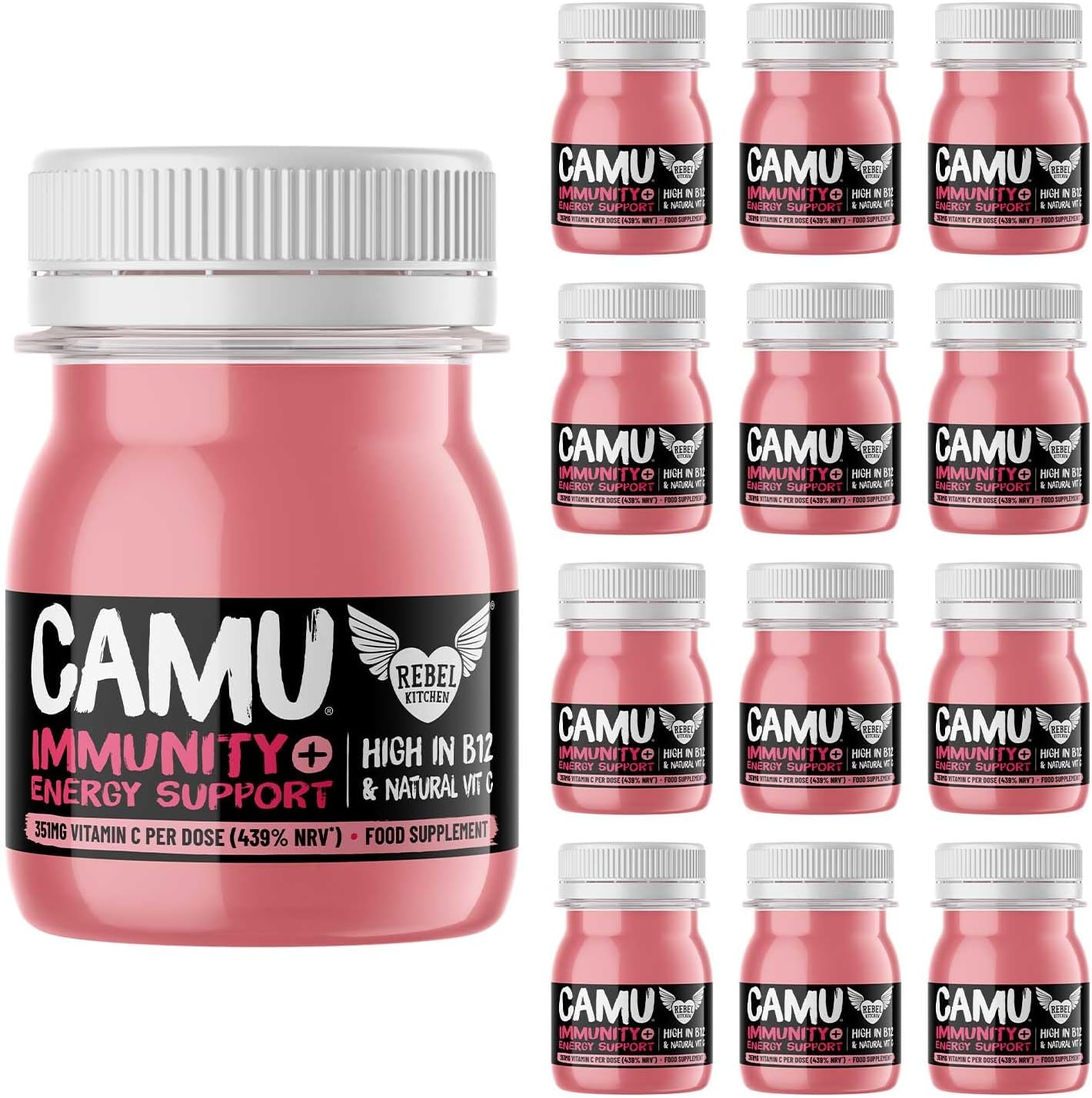 Rebel Kitchen Camu Energy & Immunity Support Shots (12 x 60ml) - Vitamin C, Immunity Support, Natural Ingredients, Camu Camu Berry, Vegan, No Added Sugar, Cold-Pressed Hyperfood Shot