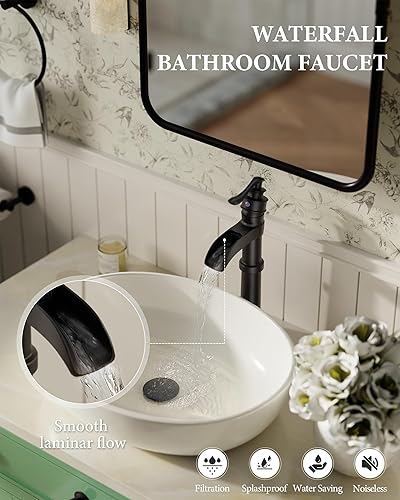 Miniatura 2 de Homevacious Grifo de baño negro para lavabo, cascada mate, cuenco antiguo de un solo orificio con tapón de drenaje emergente, línea de suministro de