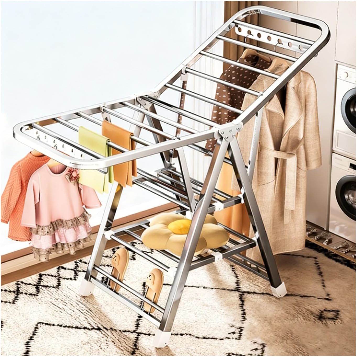 Compact Foldable Laundry Dryer Stand，Foldable Clothes Airer，Suitable for Drying Small Items of Clothing and Towels; Also Suitable for Bathrooms and Balconies.(Third Tier+Shoe Rack,170cm)