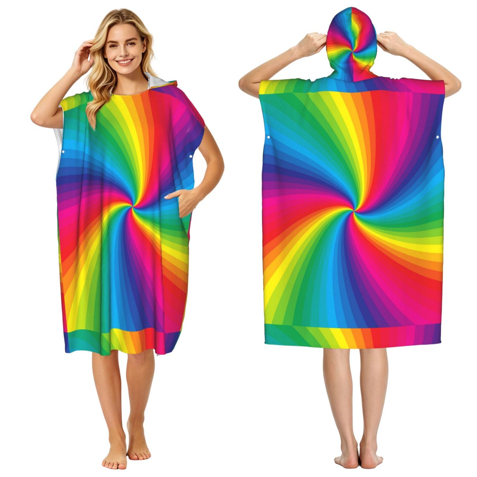 Poadnly Rainbow Colorful Spiral, Adult Hooded Beach Towel 90 x 110 cm,Changing Bath Robe, Surf Poncho Towel For Women Men