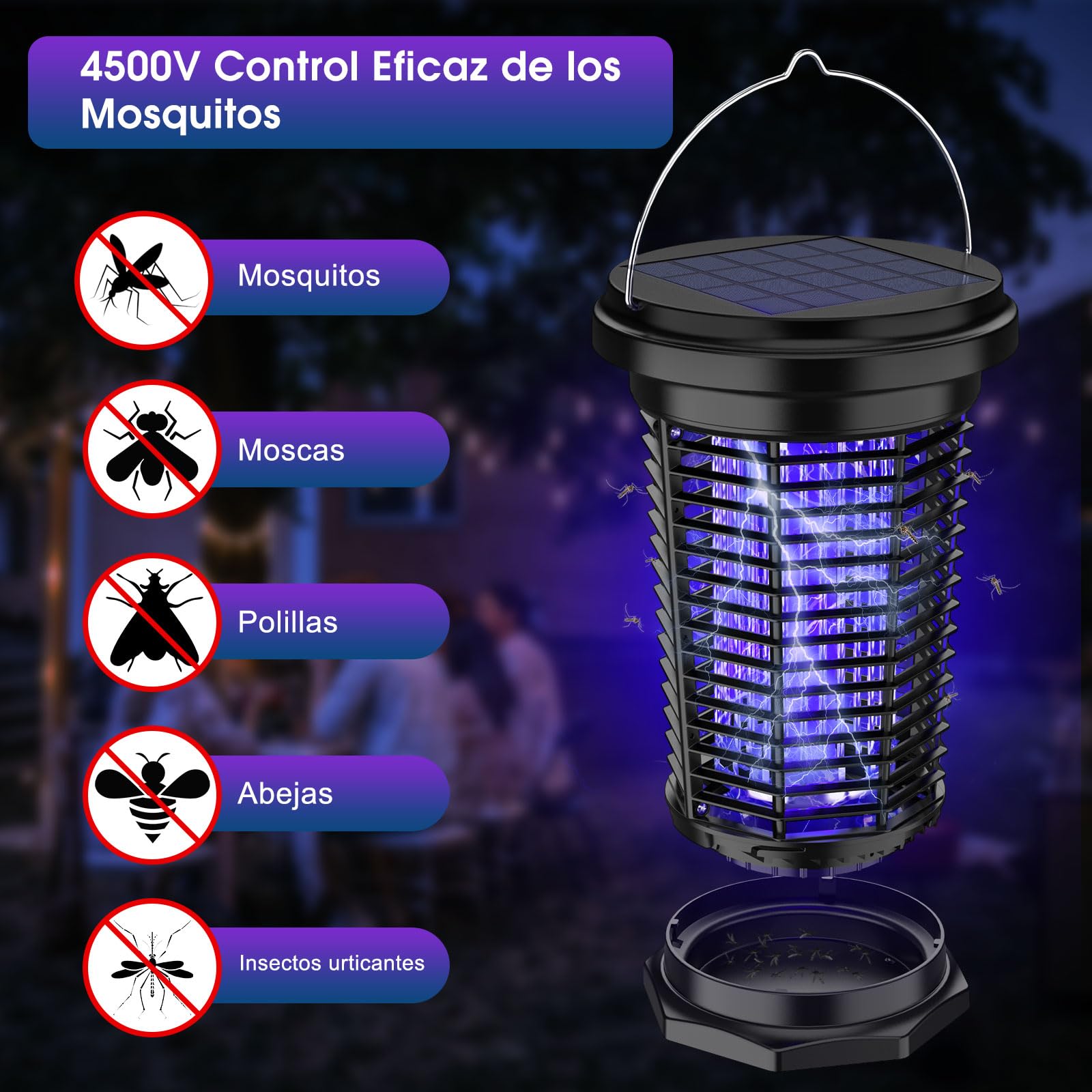 PALONE Lampara Antimosquitos Solar 2500mah/4500v, Antimosquitos Electrico Recargable por USB y Cable De 1 M, con Barra de Soporte Solar de 5,5 W/5 V Y Cable de Carga C para Interior y Exterior