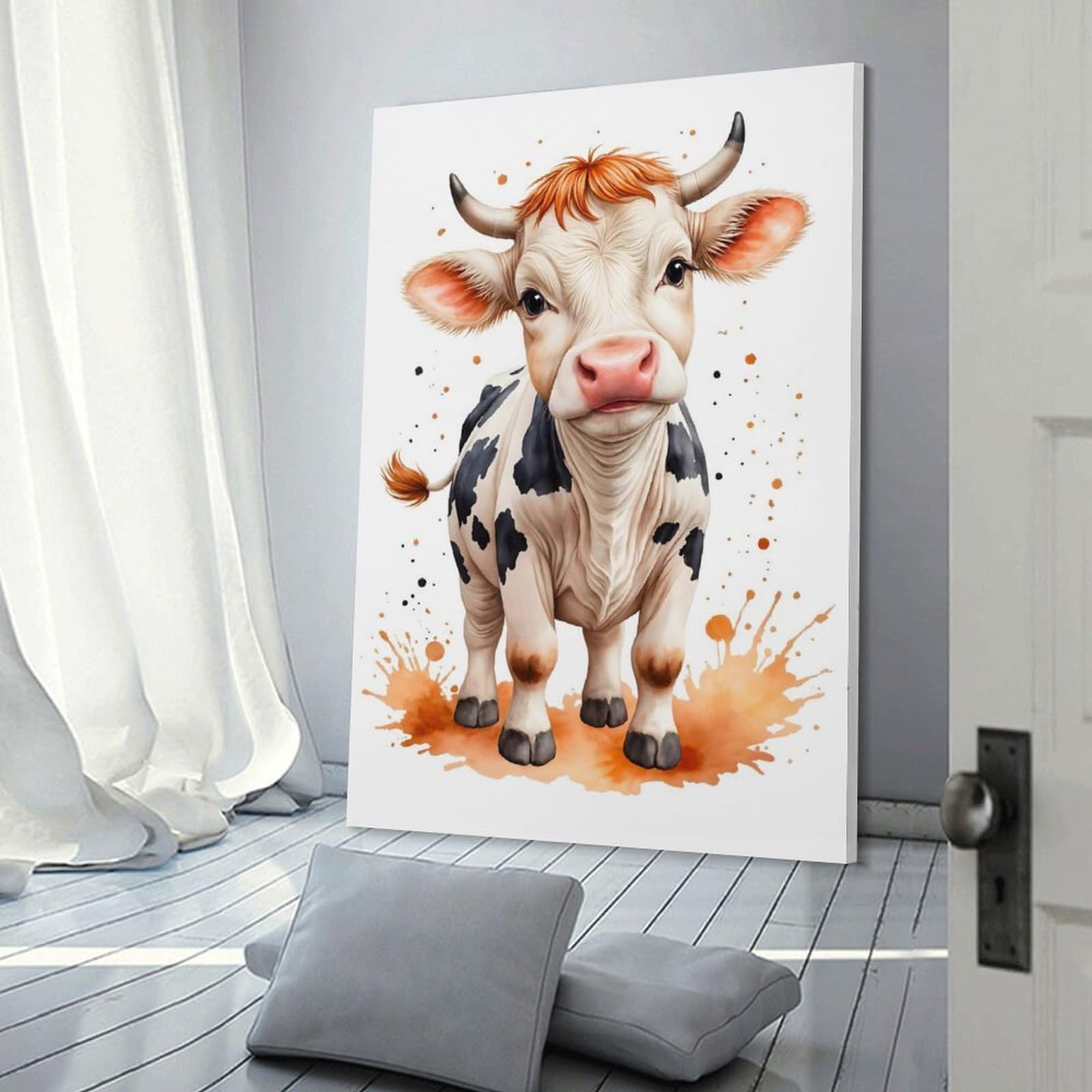 Junmoney Decorative Wall Artwork Cute Cow Watercolor, 08x12inch(20x30cm), for Lounge, Bedroom Or Personal Spaces, Thoughtful Wall Decor for Art Lovers
