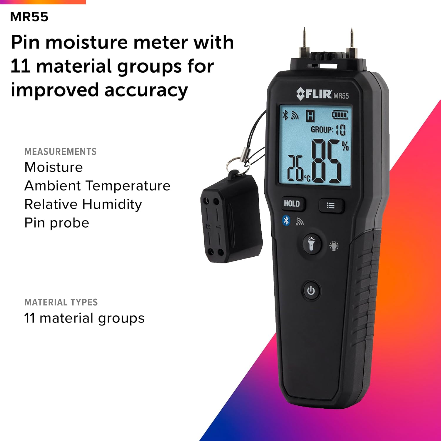 FLIR MR55 - Pin Moisture Meter with Bluetooth for Instant Data Sharing via The FLIR Tools Mobile app.