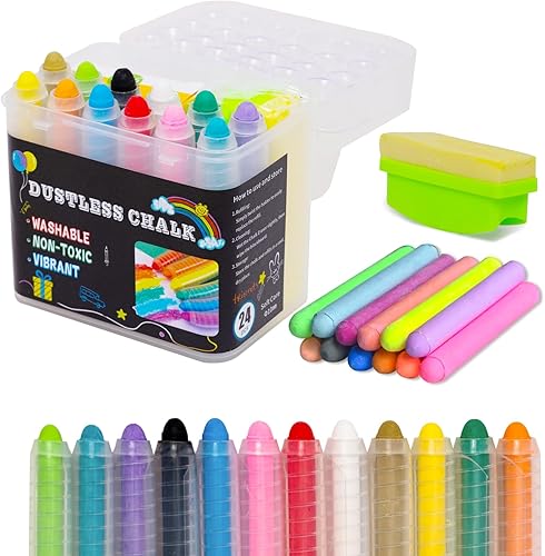 Juego de tizas sin polvo para niños, 12 tizas con soporte giratorio+12 recambios + borrador de toallitas húmedas, pizarra lavable no tóxica para