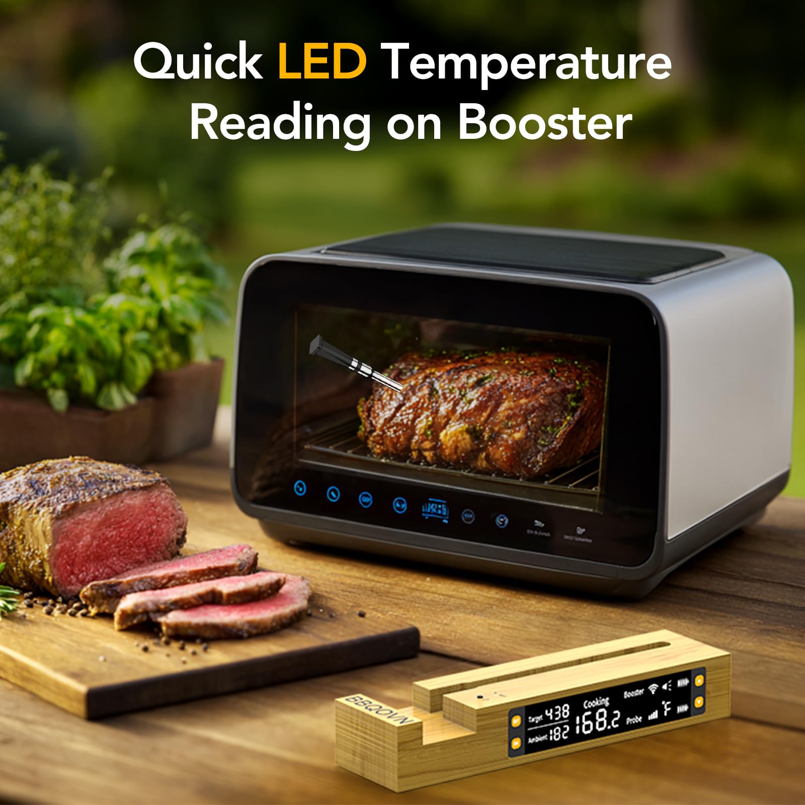 BBQOVN Termometro WiFi Bluetooth Wireless Meat Range Unlimited Temp Anywhere, 7 NiST Certified Sensors with Ambient Temp, Monitor for BBQ, Grill, Forno, Smoker, Air Fryer (Black)