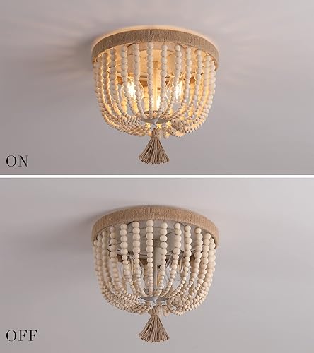 Vista 17 de AZMASA - Lámpara de techo con cuentas de madera, estilo bohemio, de montaje empotrado, cuerda de cáñamo, 3 luces para guardería, dormitorio