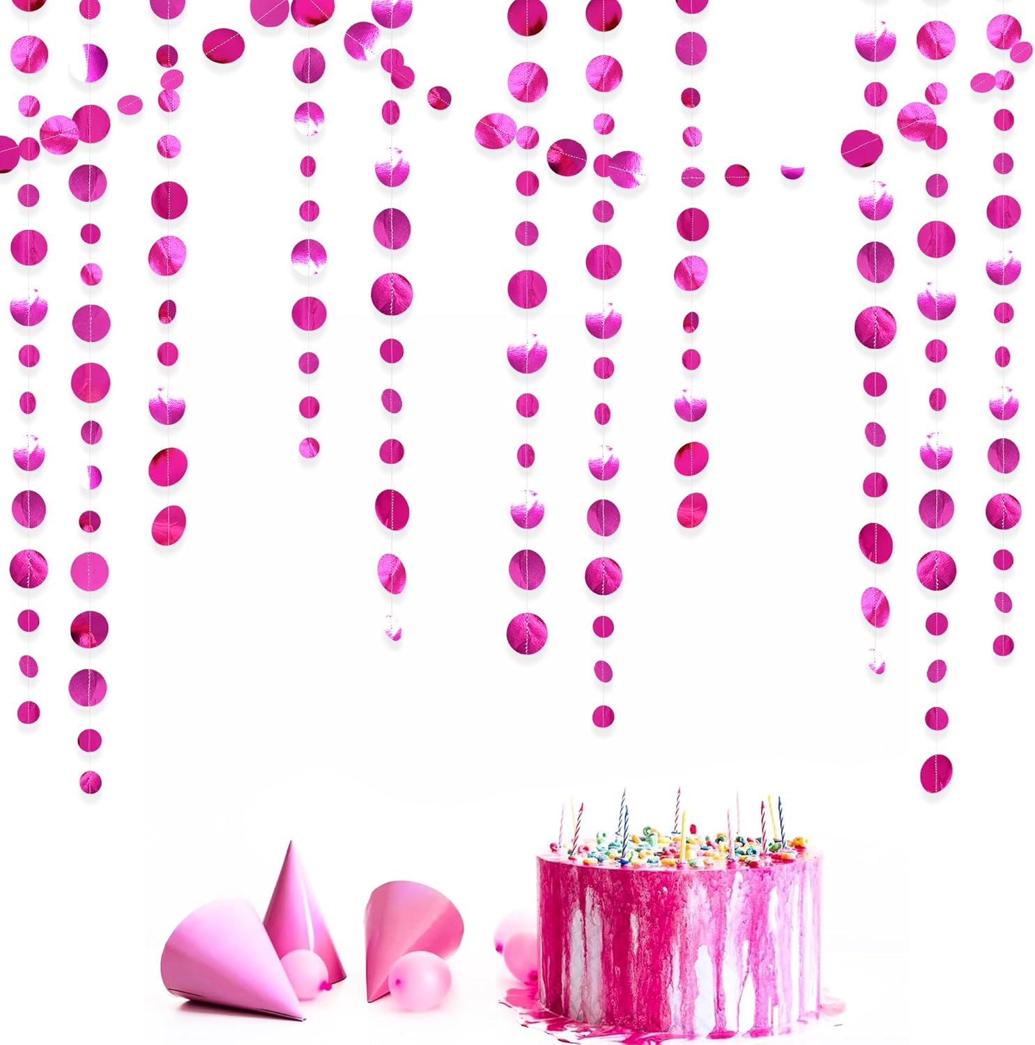 Hot Pink Party Decorations Circle Dots Garland Metallic Rose Pink Hanging Paper Polka Dots Streamer for Bachelorette Birthday Engagement Wedding Bridal Shower Anniversary Baby Shower Party Supplies - Image 8