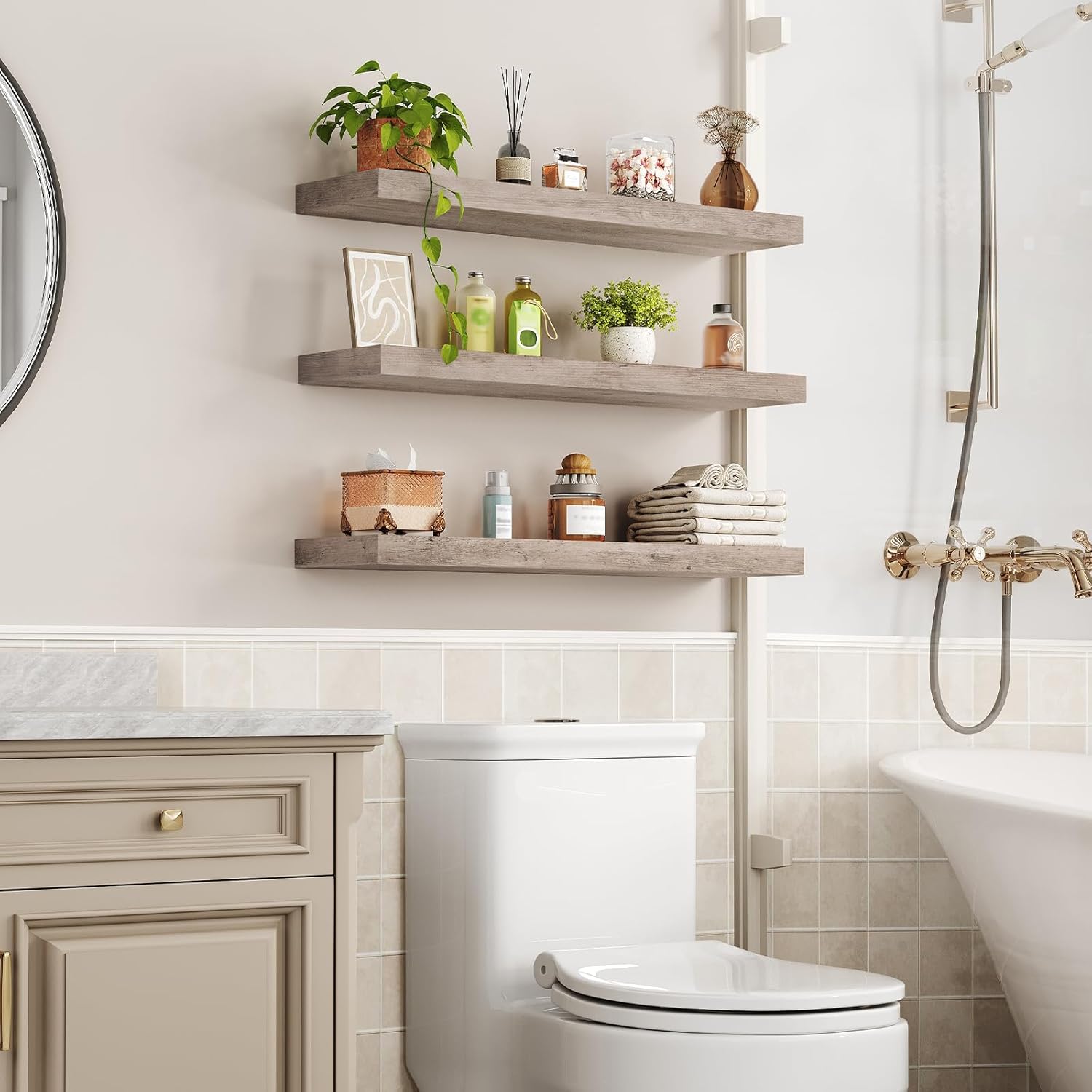 RALGEND Floating Shelves for Wall, 1.5" Thick Wall Shelf Set of 3 with Invisible Brackets, L31.5 x W7.9 Hanging Book Shelves Farmhouse Home Decor for Bathroom, Living Room, Bedroom, Greige 8301BJP3BG