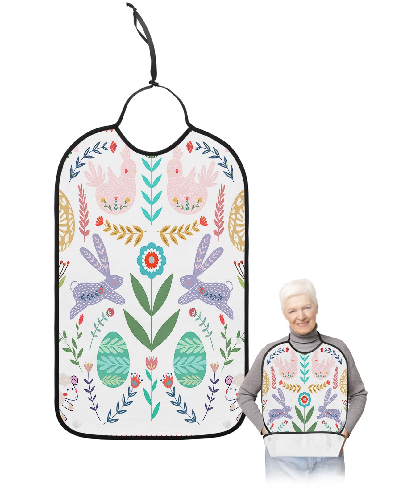 LEOKOTI Spring Easter Floral Adult Bibs for Eating, Waterproof Bibs with Food Catcher & Adjustable Snap Closure, Colorful Eggs Rooster Bunny Sheep Clothing Protectors Adult Bibs for Elderly Women/Men
