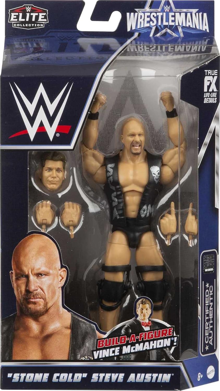 WWE “Stone Cold” Steve Austin Wrestlemania Action Figure with Entrance Gear & Vince McMahon Build-A-Figure Pieces, 6-in Posable Collectible Gift for WWE Fans Ages 8 Years Old & Up