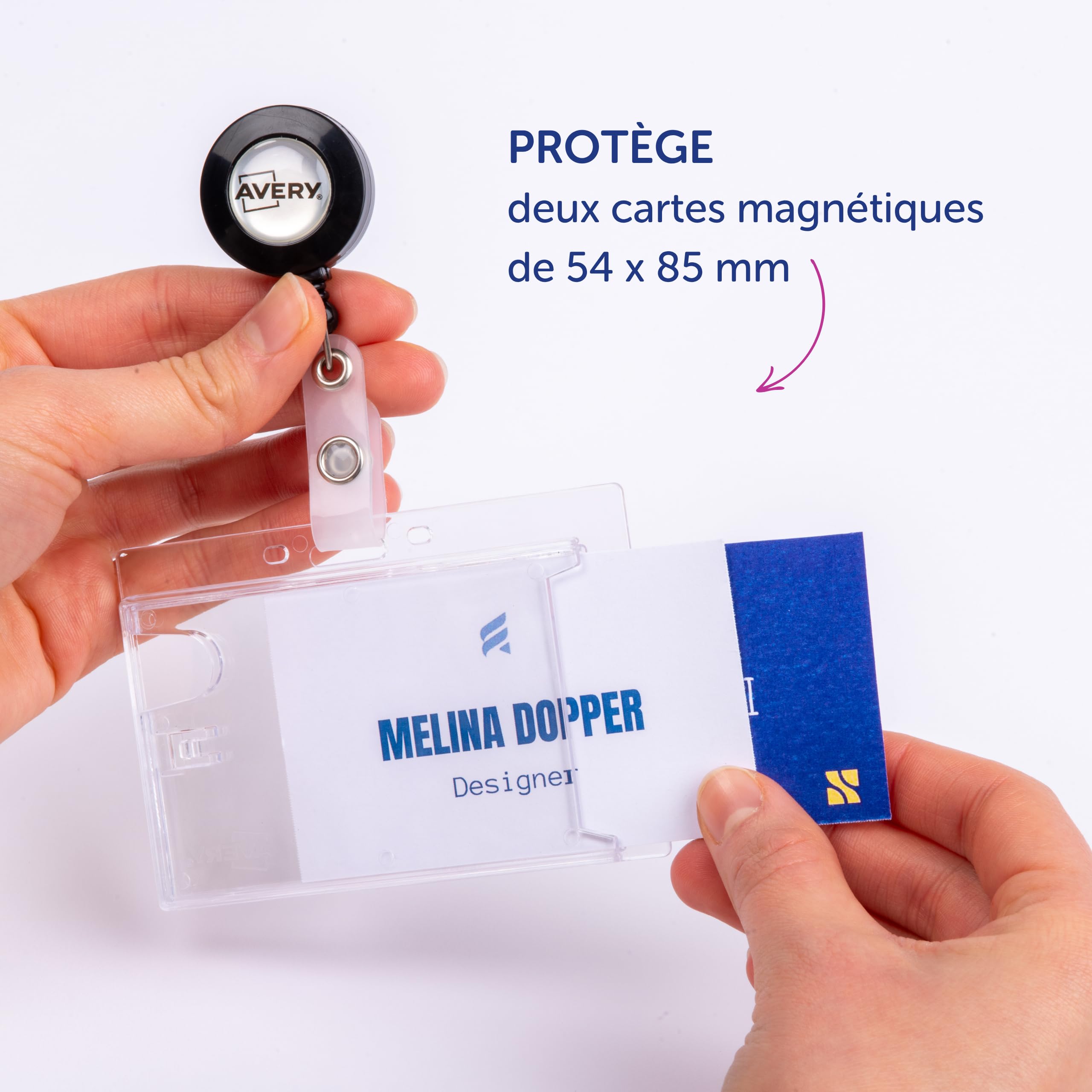 AVERY - Boite de 10 porte-cartes en plastique rigide transparent avec enrouleur, Pour 2 cartes magnétiques, Format 90 x 54 mm, (4827)