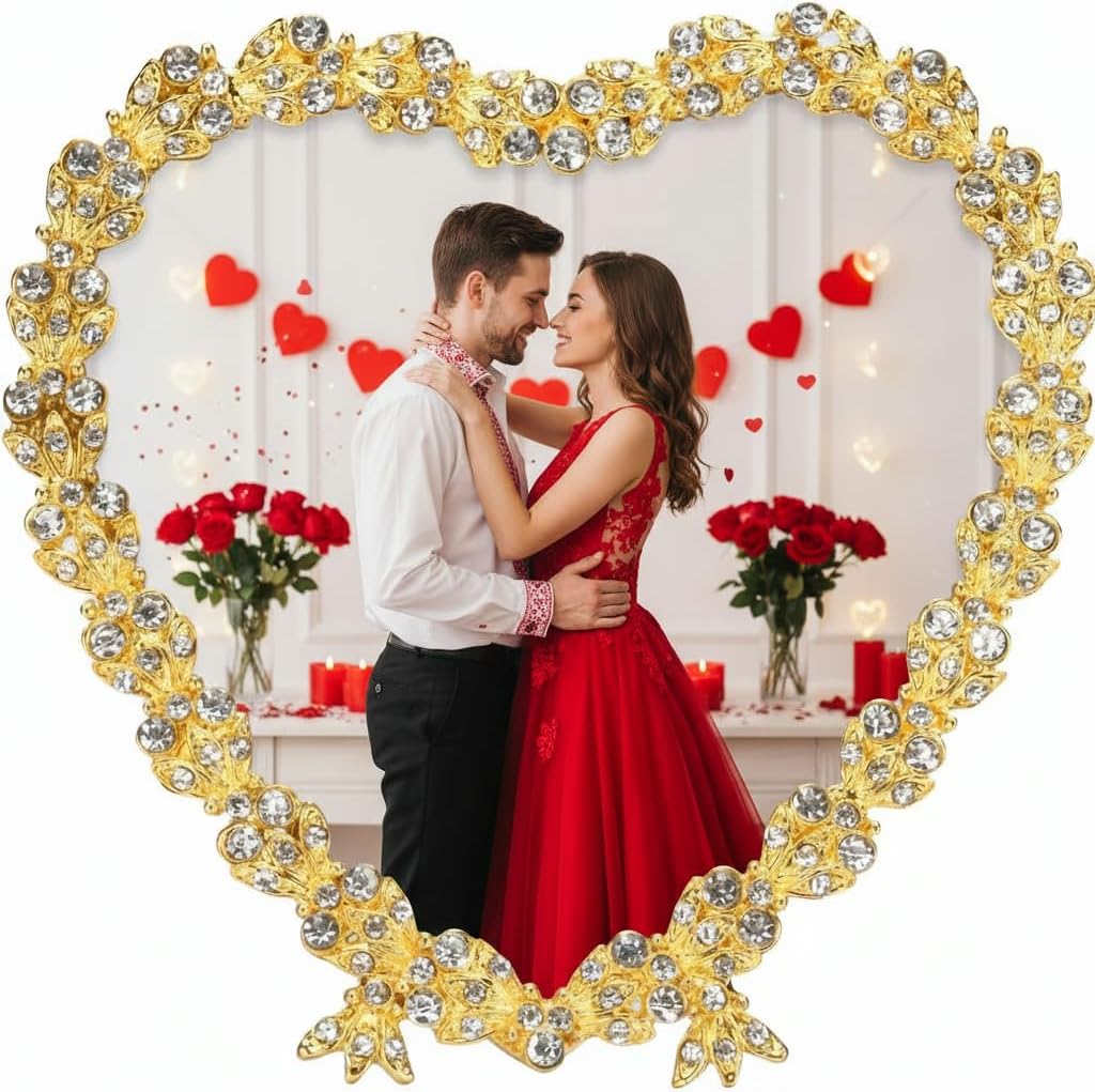Heart Shaped Wedding Picture Frames for Couple - Beaded Crystal 4x4 Picture Frame – Engagement Gift, Wedding Gift for newlyweds - Fits 3.5x3.5 photo - Valentine Picture Frame (Golden)